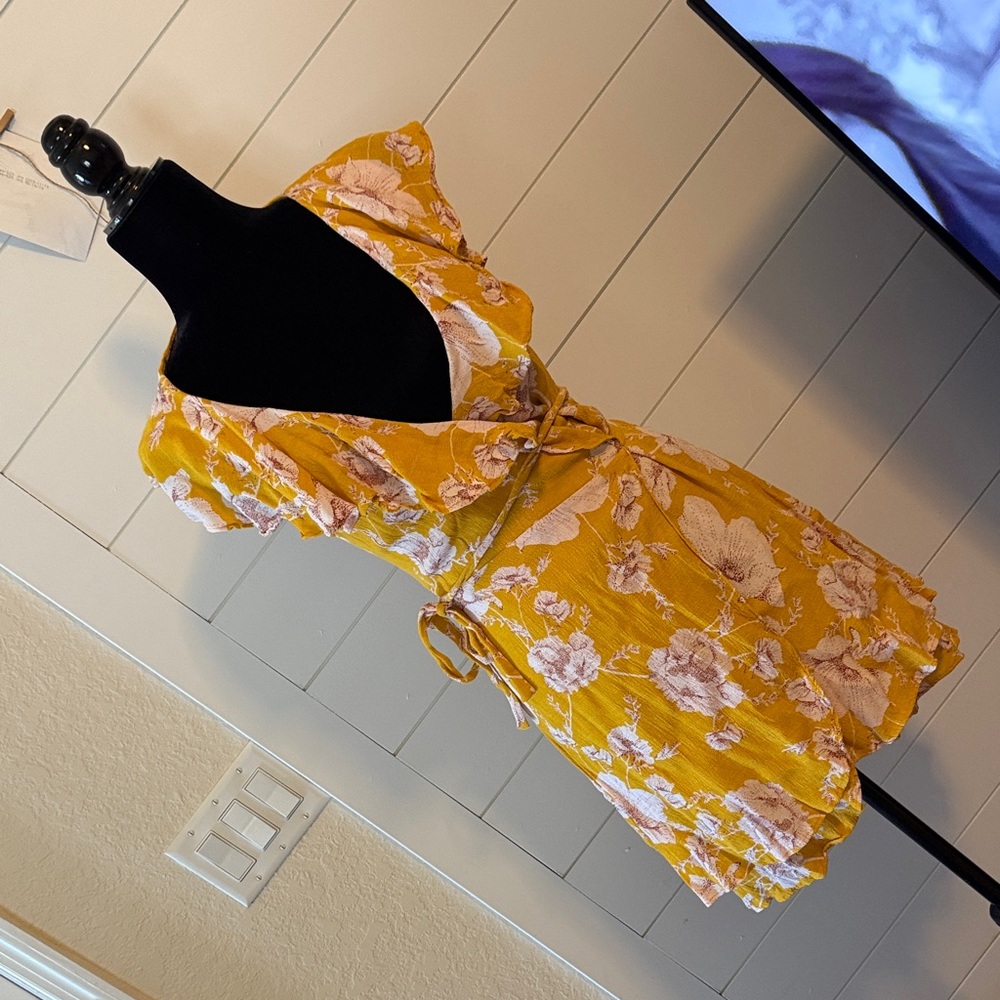 Free People Yellow Floral Mini Wrap Dress